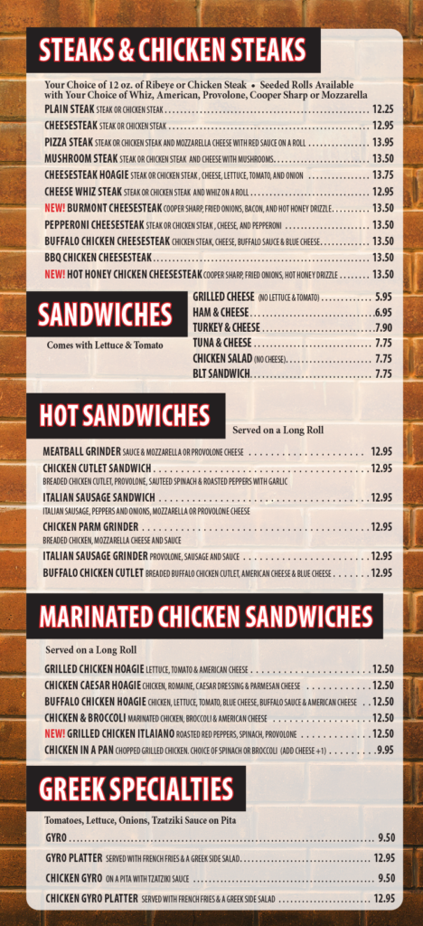 Burmont Pizza Cheesesteaks Menu